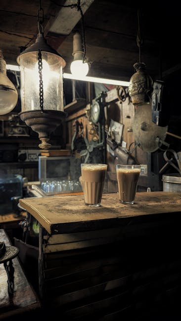 Warm vintage chai cafe interior with soft lighting